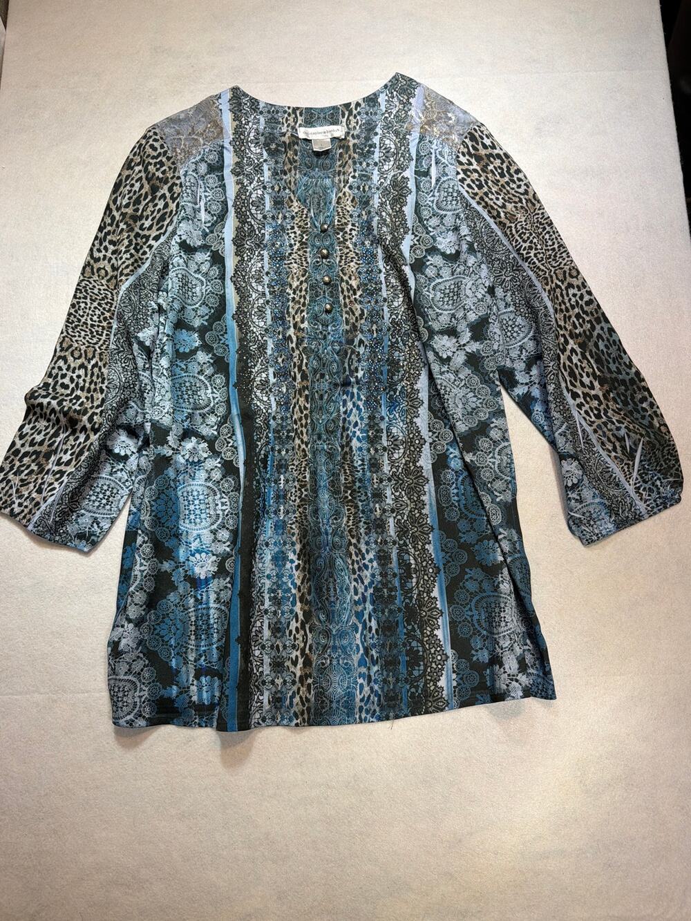 Christopher & Banks Teal Mixed Print Tunic Blouse Size L Paisley Animal Print